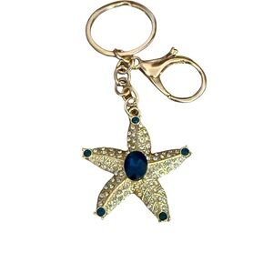 Blue Starfish Keychain in Gold Tone